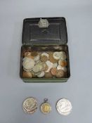 A vintage tin of coins - Half crowns, silver three pence pieces,