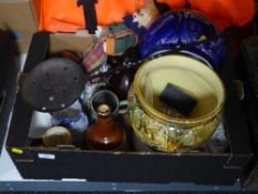 A box containing West German planters, Wade whisky decanter, beer steins, dinner plates,