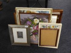 A pine framed oil - Lake with mountains beyond, together with framed watercolour by I M Strachan,