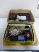 A tray of assorted costume jewellery, brush set, ring boxes,