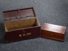 A mahogany table box and an antique pine box initialled (B.R.M.