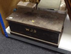 An antique pine tool box of hand tools