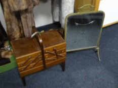 A concertina sewing box and brass mirrored fire screen