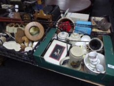 Three boxes of china, pottery, glass ware and a bag of bowls,