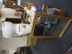 A ceramic jardiniere on stand, gilt framed mirror, boxed cake stand, boxed glass ware,