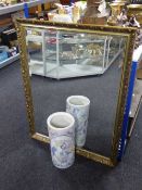 A gilt framed bevelled mirror together with a Chinese ceramic stick stand