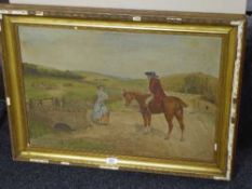 An early 20th century gilt framed oil on canvas, figure on horse back, signed P. W. Baker, dated 2.