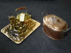 Assorted brass ware including candlesticks, kettle, tankard, miniature pewter measures,