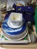 A tray of assorted collector's plates, three boxed Royal Worcester cups, boxed Aynsley china,