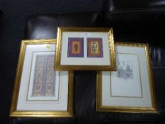 Three gilt coloured framed prints depicting an Eastern temple,