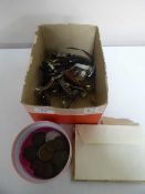 A box of lady's and gents watches, tub of early 20th century copper pennies, crowns,