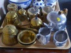 A tray of piquet ware tea service, brass lidded pots, shoe horn,