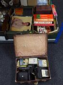 Two boxes and a case of 8 track player and 8 tracks, assorted books, records - Elvis,
