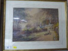 A gilt framed watercolour - Milton Drinkwater depicting sheep herded on country track