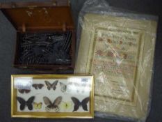 A hanging display case containing butterflies together with a leather case of railway track and
