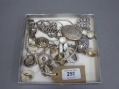 A collection of continental silver jewellery items, white metal clip earrings etc.