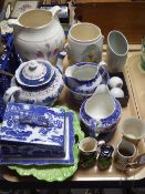 Assorted china to include blue and white Willow pattern, Wedgwood jasperware dish, Belleek vase,