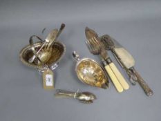 A silver plated sauce boat together with various cutlery, ivorine servers etc.
