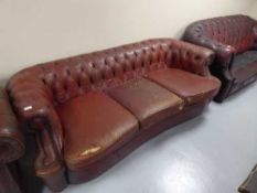 A re-upholstery project - a red leather three seater Chesterfield
