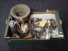A box containing a quantity of plated ware including three piece brush set, twin handled planter,