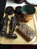 A pair of spelter figures on wooden bases,