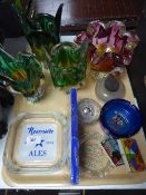 A tray of match books, pub ash trays, glass paperweight,
