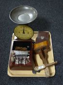 A tray containing Izons vintage family scales, Stereoscope viewer,
