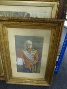 A gilt framed antiquarian print figure in military dress by Russell London and a framed colour