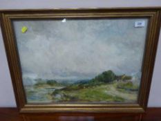 John Falconar Slater (1857 - 1937) : Sheep grazing by a river in an open landscape with a cottage