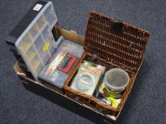 A box of fishing basket and three boxes of fishing equipment inc.