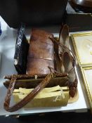 A tray of five vintage ladies animal skin hand bags and a pair of leather shoes by Turner of London