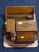 A wooden correspondence rack, carved hardwood twin-handled tray,