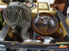 A vintage bingo machine, oak nut cracker bowl, shaving mirror, two poker chip sets,