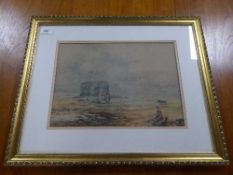 19th century school : Marsden Rock, watercolour, 37 cm x 26cm, indistinctly signed, framed.