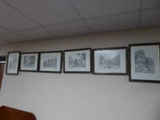Set of six framed monochrome framed prints of continental street scenes