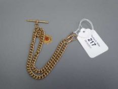 A 9ct gold watch chain with t-bar and enamel fob, 27.7g.