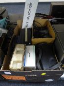 A box of camera equipment, boxed walkie talkies, boxed Nokia mobile phone,