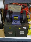 Two metal index drawers together with a toolbox and tools, Bosch sander and cordless drill,