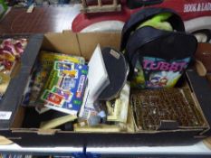 A box containing stamp albums, stamps, Royal Family stickers, film star postcards, Viz comics,