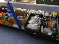 Four boxes of miscellaneous glassware, Wedgwood Clemantine dinner ware, continental figurines,