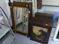 A Victorian mahogany and gilt framed mirror and a hanging wall cabinet with a painted panel door