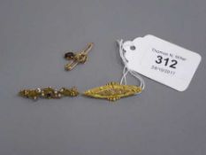 Three Victorian gold bar brooches examples set with diamonds, seed pearls etc.