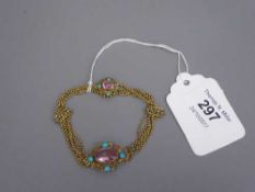 A Georgian gold filigree pink sapphire and turquoise bracelet, 16.7g.