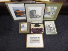 A box of cased Olympia Splendid 33 typewriter, framed pictures inc.