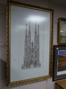 A gilt framed architectural print depicting a cathedral