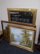 A gilt framed bevelled mirror together with three contemporary framed oils on canvas - landscape