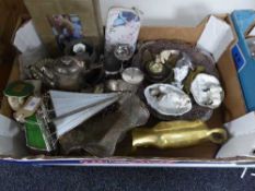A box of money boxes, plated ware, pewter ware, bull ornaments,