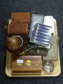 Rolls razors, two boxed brownie cameras, table knives, cutlery, inlaid trinket box of bottle opener,