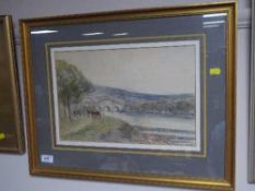 Victor Noble Rainbird (1887-1936), Cattle grazing by a river with bridge beyond, watercolour,