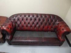 A re-upholstery project - a burgundy leather three seater Chesterfield (missing three cushions)